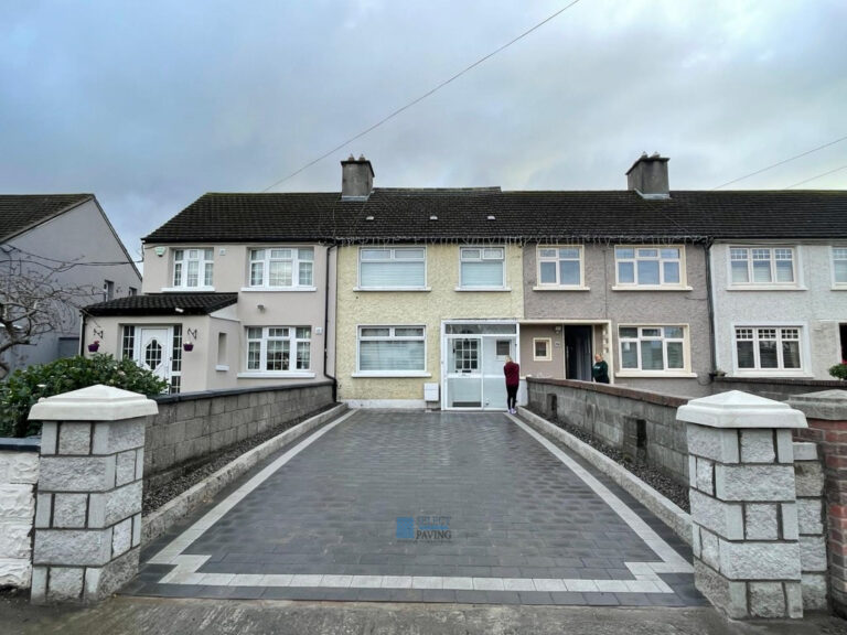 Driveway with Charcoal Grey Tegula Paving and New Block Pillars with Granite Caps in Palmerstown, Dublin
